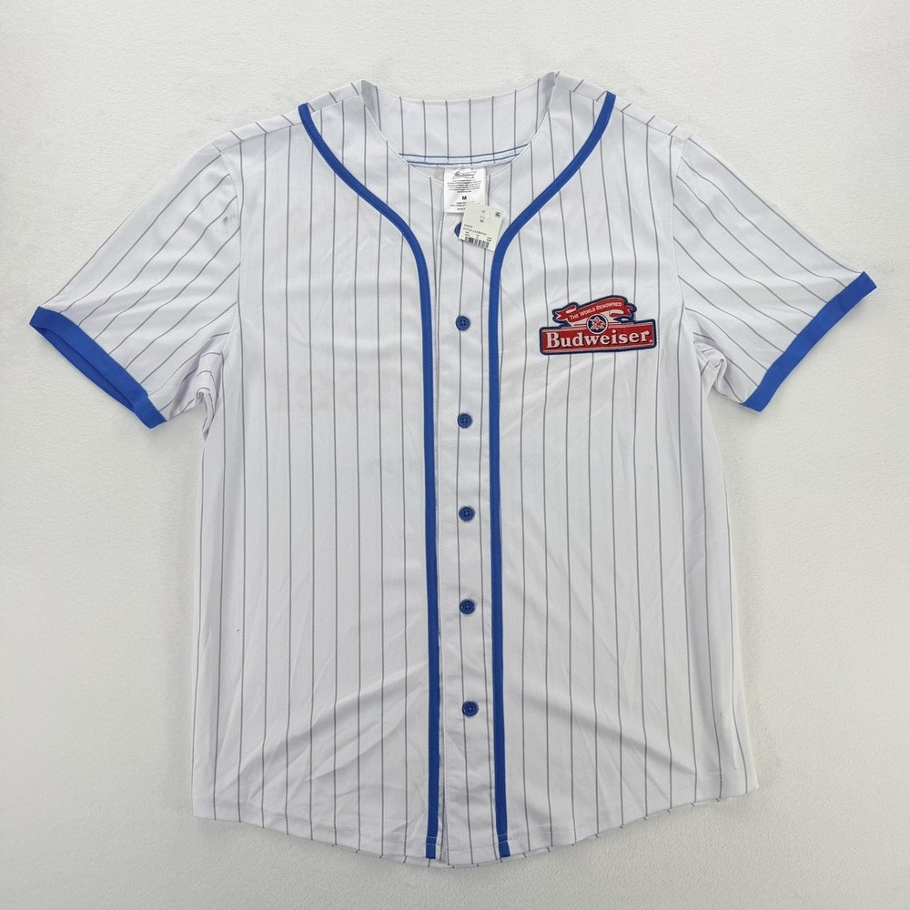 Budweiser Shirt Mens Medium Pinstripe Baseball Short Sleeve Button Up Jersey